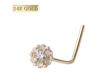 14K Solid Gold Mandala Flower Nose Stud, Zircon L-Shape Pin