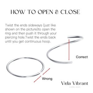 May include: Diagram showing the correct and incorrect way to open and close a hoop earring. The correct way is to twist the ends sideways, while the incorrect way is to pull the ends apart.