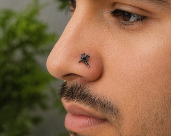 Obsidian Thorn Cross L-Shape Nose Stud. Black 316L Surgical Steel. Unisex Gothic Piercing (20G)