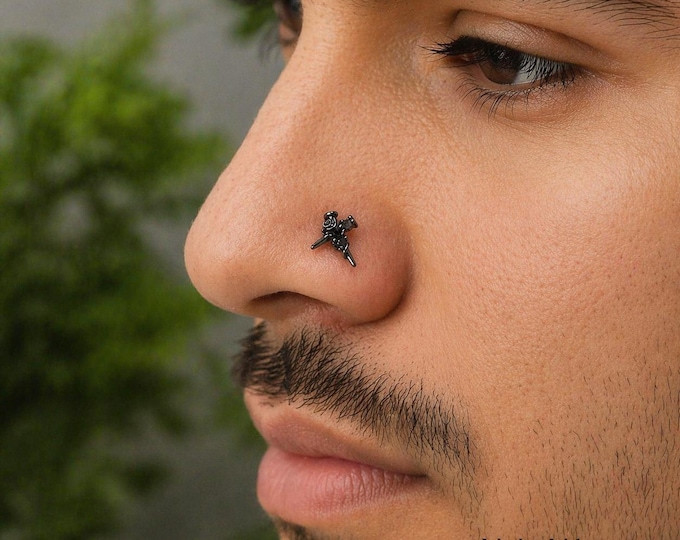 Obsidian Thorn Cross L-Shape Nose Stud. Black 316L Surgical Steel. Unisex Gothic Piercing (20G)