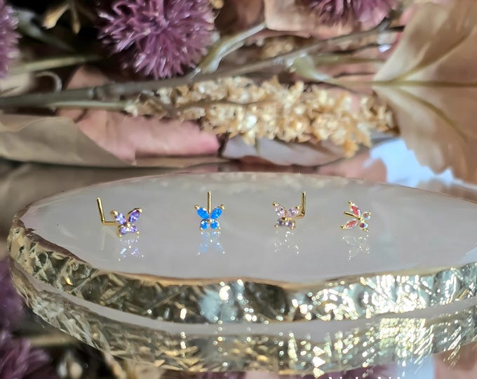 Vibrant Butterfly Nose Stud, 316L Surgical Steel, 18k Gold Plated, Colorful Stone (20G)