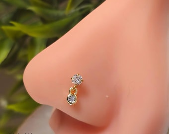 Dainty Solitaire Dangle Nose Stud, 20G Stainless Steel L-Bend