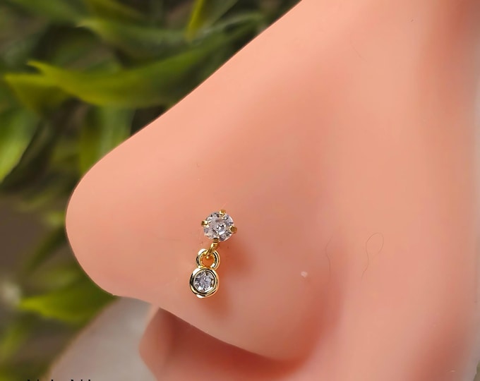 Dainty Solitaire Dangle Nose Stud, 20G Stainless Steel L-Bend