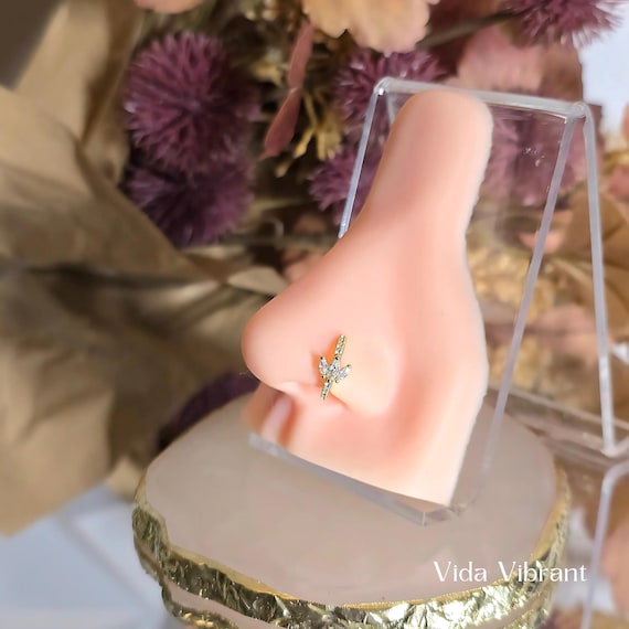 Spark of Theia CZ Leaf Nose Ring. 18K Gold Plated Surgical Steel (20G, 9mm)