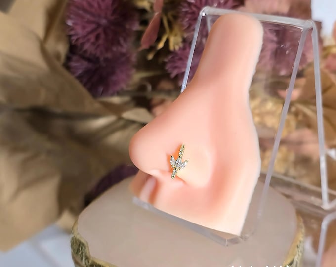 Spark of Theia CZ Leaf Nose Ring. 18K Gold Plated Surgical Steel (20G, 9mm)