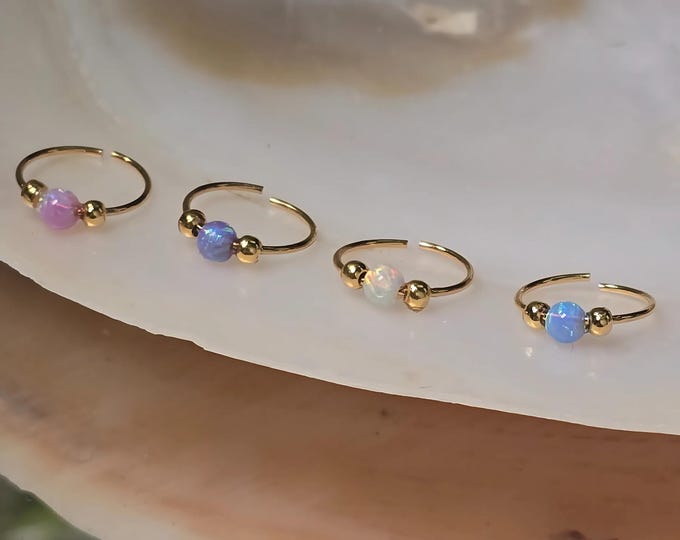 Beaded Opal Nose Hoop, 18k Gold Plated Sterling Silver, Minimalist Boho, Handmade