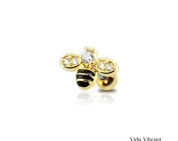 Golden Bumble Bee Cartilage Earring, Cubic Zirconia, Surgical Steel