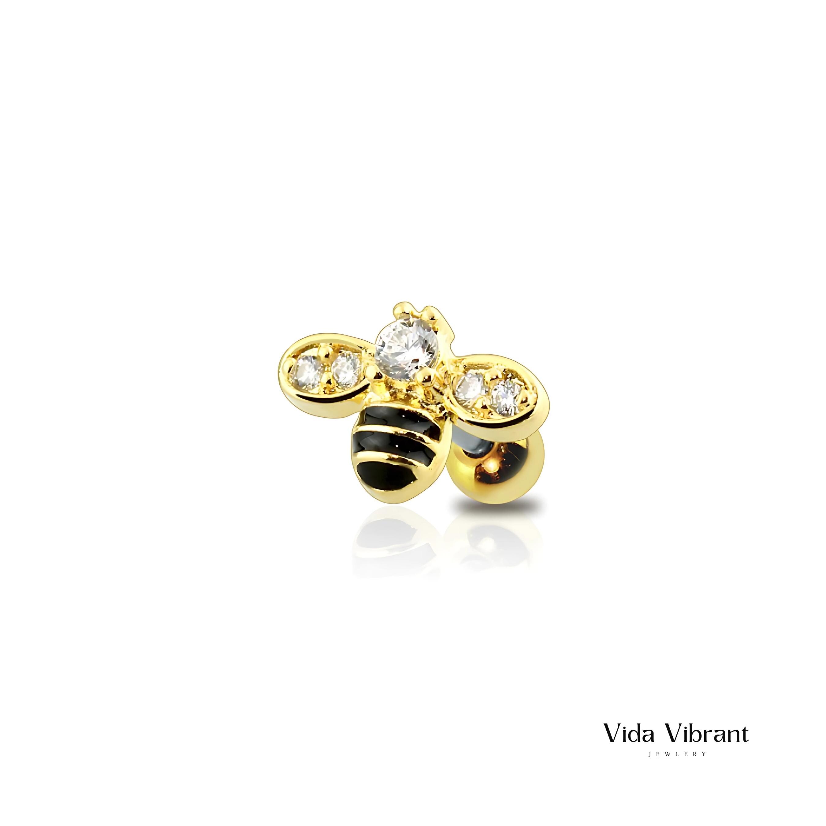 Golden Bumble Bee Earring. 316L Surgical Steel. Cartilage, Helix, Tragus Piercing. Insect Jewelry. Nature Inspired Earrings. Ball/Screw Back