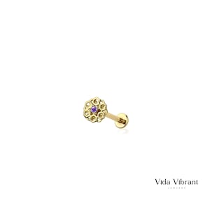 Mystic Bloom Labret Stud. Golden Flower with Light Purple Gem. Versatile Nose/Cartilage Piercing. 316L Surgical Steel. 18GA. Waterproof.