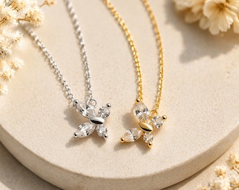 Viva Flutter Butterfly Necklace. Sterling Silver , 18K Gold Plated. Minimalist Pendant. Dainty Chain.