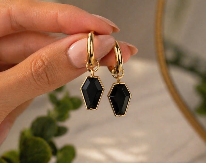 Gold Midnight Coffin Hoops: Stainless Steel Huggie Earrings with Removable Charm