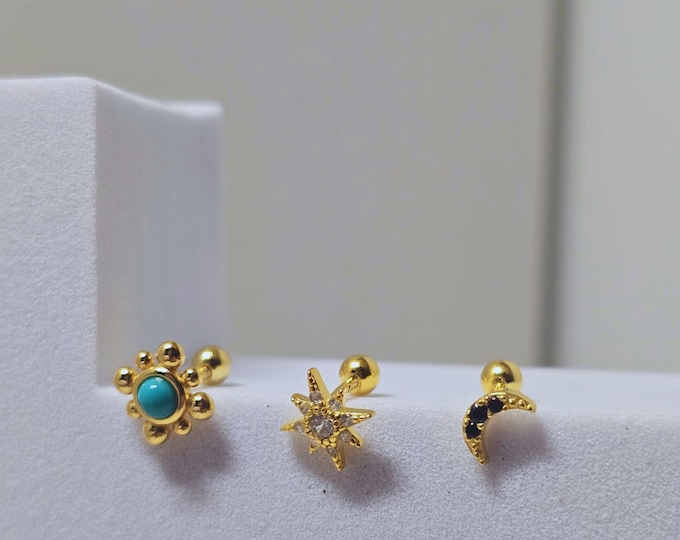 Gold Plated Sterling Silver Cartilage Earring: Turquoise, Star, Moon