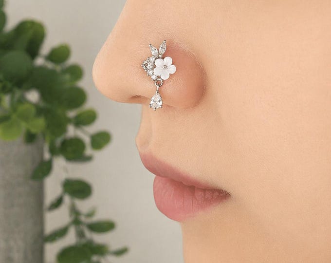 Floral Petal Nose Stud. Surgical Steel Dangle Piercing. Indian Nose Jewlery.