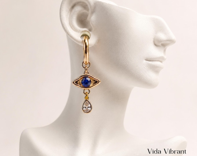 Nazare Evil Eye Hoops | Stainless Steel Huggie Earrings with Removable Charm