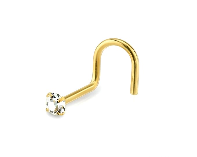 The One Nose Stud | 2.5mm CZ Fish Hook Stud | 22G Gold 316L Surgical Steel