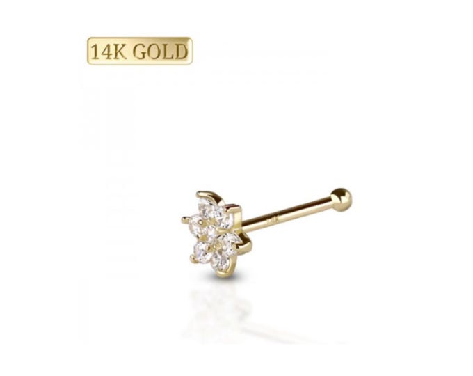 14K Solid Gold Petal Nose Stud with Zircon