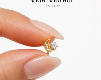 Celestia L-Bend Nose Stud | 20G Gold Moon & Stars Body Jewelry