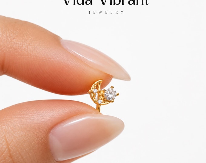 Celestia L-Bend Nose Stud | 20G Gold Moon & Stars Body Jewelry