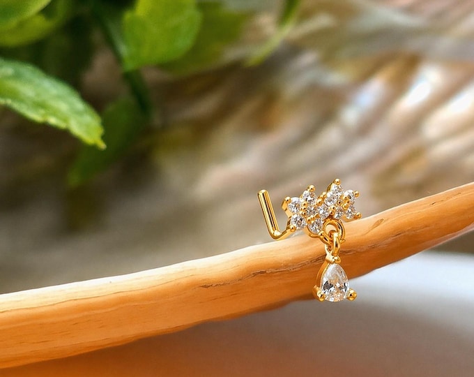 Floral Pear Drop L-Bend Nose Stud, Stainless Steel Dangle (20G)