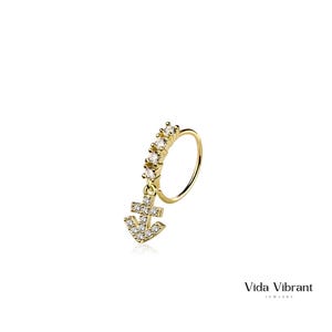 Anchor Dangle Nose Hoop. 316L Surgical Steel. 20G. Clear Stone Accent. Available in Gold. Tarnish-Free. Nautical Charm. Sea Inspired Jewelry