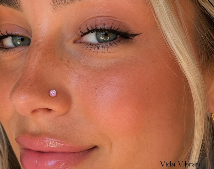 Petalia Blossom L-Bend Nose Stud | Pink Flower Nose Ring | 20G Gold Floral Piercing