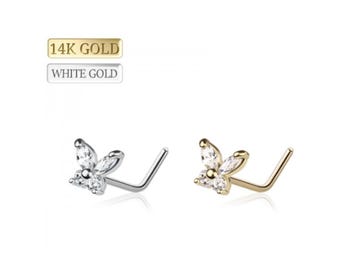 14K Solid Gold , Flutter Butterfly Nose Stud, Zircon L-Shape Nose Pin