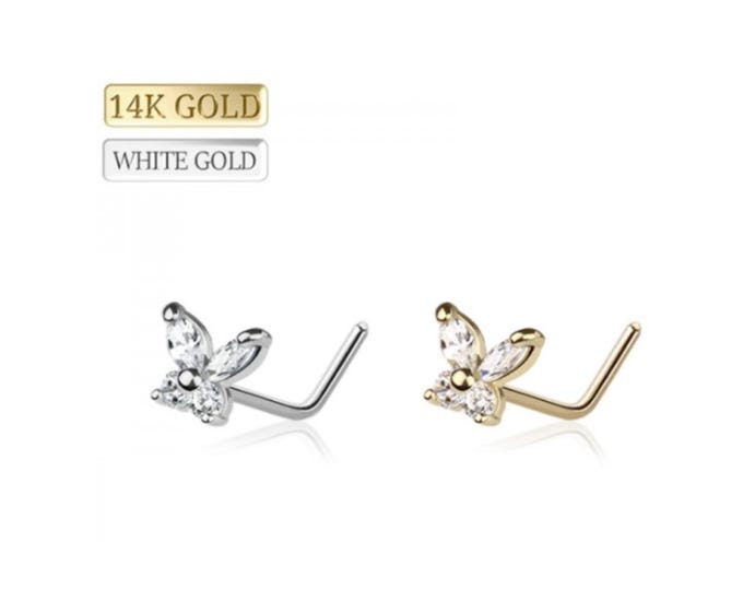 14K Solid Gold , Flutter Butterfly Nose Stud, Zircon L-Shape Nose Pin