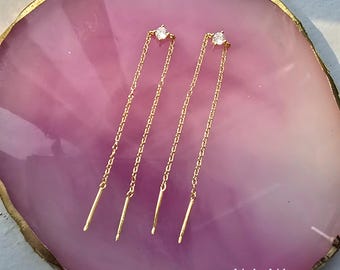 Solitare Sterling Silver Threader Earrings, Gold Plated , Cubic Zirconia, Double Piercing