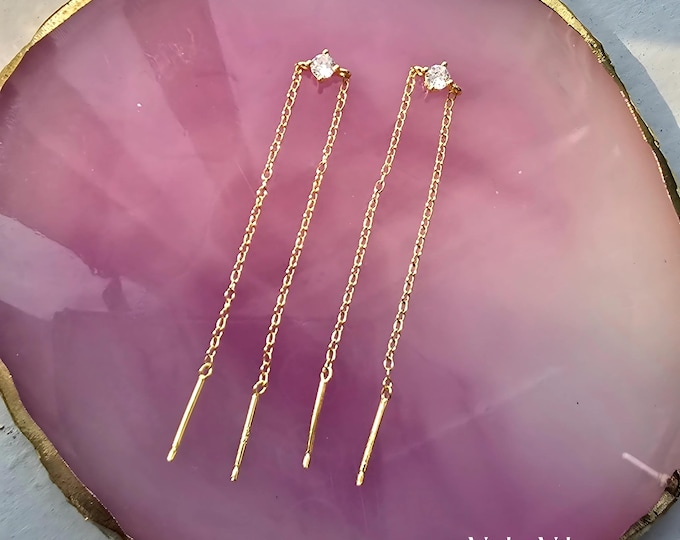 Solitare Sterling Silver Threader Earrings, Gold Plated , Cubic Zirconia, Double Piercing