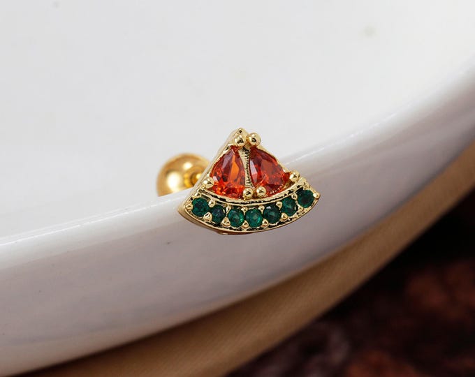 Solidarity Watermelon Earring. 925 Sterling Silver, 18K Gold Plated. Cartilage, Helix, Tragus Piercing.