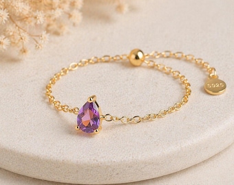 Lunar Amethyst Teardrop Chain Ring • 18K Gold Plated Sterling Silver • Adjustable Ring