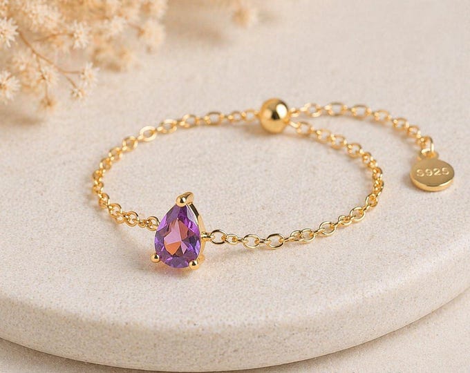 Lunar Amethyst Teardrop Chain Ring • 18K Gold Plated Sterling Silver • Adjustable Ring
