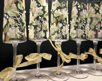Personalised hand painted champagne/prosecco glass - wedding day gift bridal party birthday