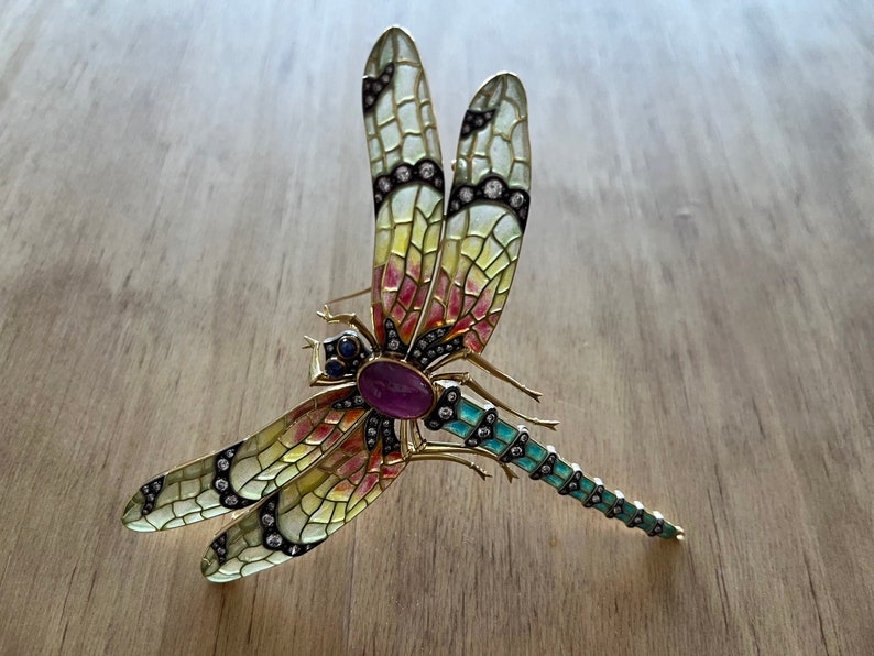 Art Nouveau 18K Diamonds 8.27 GIA Star Ruby Plique-A-Jour Dragonfly Enamel Pin image 4
