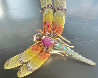 Art Nouveau 18K Diamonds 8.27 GIA Star Ruby Plique-A-Jour Dragonfly Enamel Pin