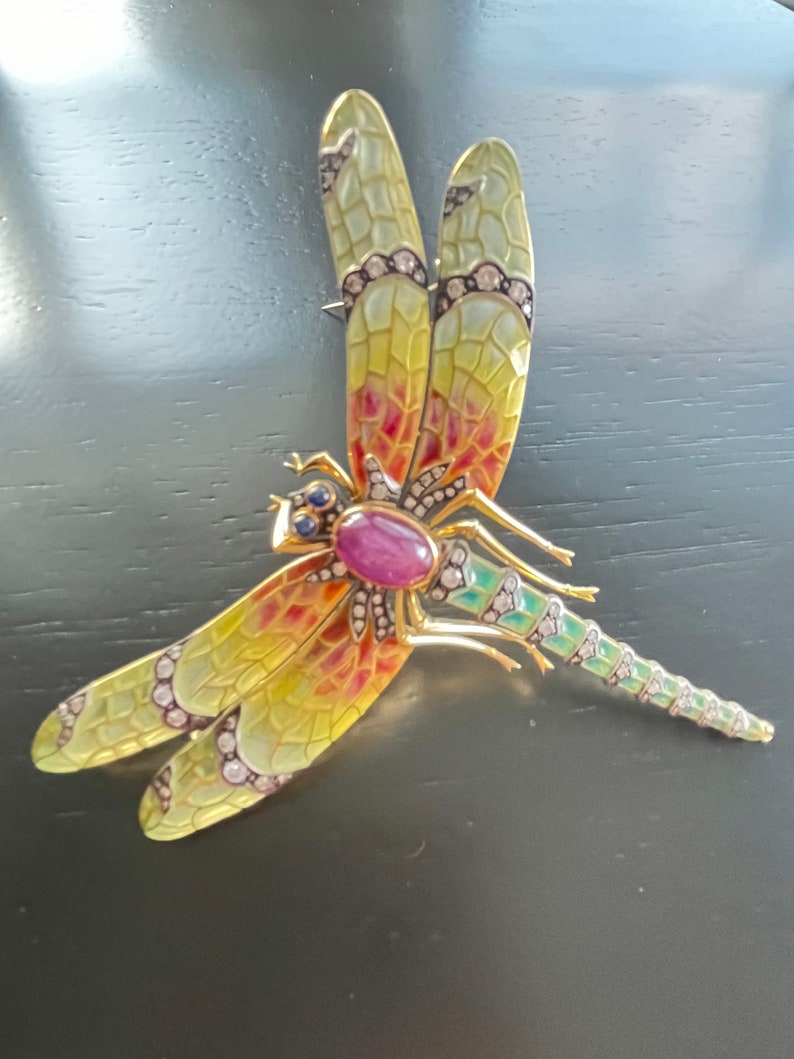 Art Nouveau 18K Diamonds 8.27 GIA Star Ruby Plique-A-Jour Dragonfly Enamel Pin image 1