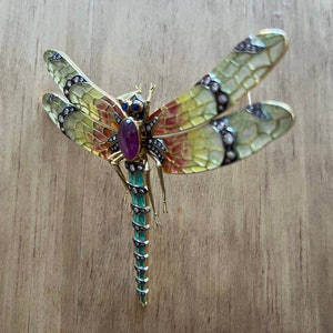 Art Nouveau 18K Diamonds 8.27 GIA Star Ruby Plique-A-Jour Dragonfly Enamel Pin image 5