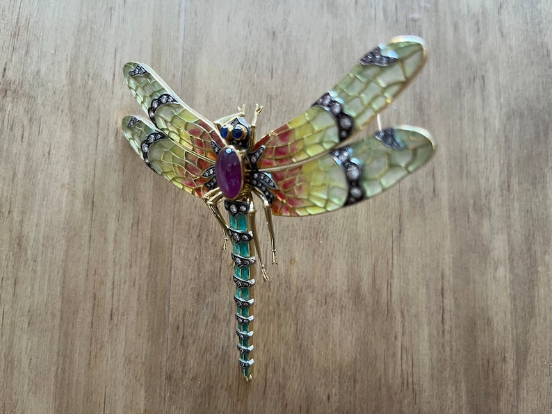 Art Nouveau 18K Diamonds 8.27 GIA Star Ruby Plique-A-Jour Dragonfly Enamel Pin image 5