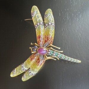 Art Nouveau 18K Diamonds 8.27 GIA Star Ruby Plique-A-Jour Dragonfly Enamel Pin image 2