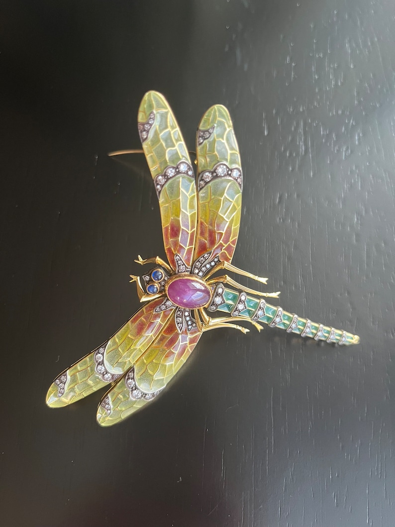 Art Nouveau 18K Diamonds 8.27 GIA Star Ruby Plique-A-Jour Dragonfly Enamel Pin image 2