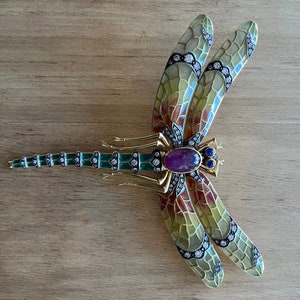 Art Nouveau 18K Diamonds 8.27 GIA Star Ruby Plique-A-Jour Dragonfly Enamel Pin image 6