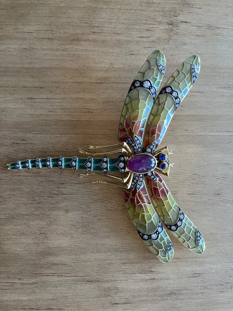 Art Nouveau 18K Diamonds 8.27 GIA Star Ruby Plique-A-Jour Dragonfly Enamel Pin image 6