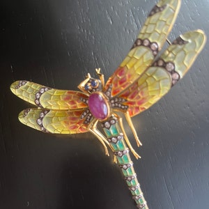 Art Nouveau 18K Diamonds 8.27 GIA Star Ruby Plique-A-Jour Dragonfly Enamel Pin image 3