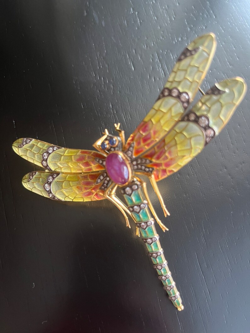 Art Nouveau 18K Diamonds 8.27 GIA Star Ruby Plique-A-Jour Dragonfly Enamel Pin image 3