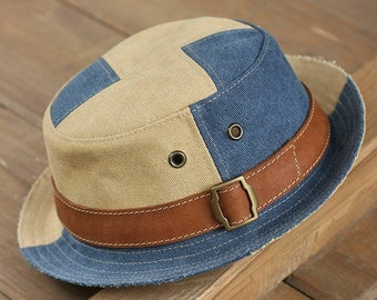 Men patchwork cotton pork pie hat