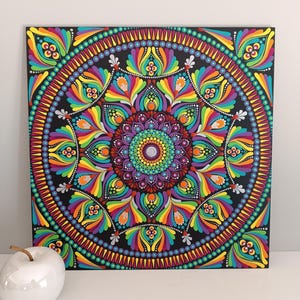 Pintura acrílica sobre lienzo de madera | Mandala 40cm | Decoración boho pintada a mano con pasión | Meditación | Mural colorido