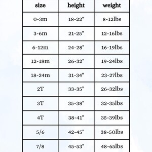 Op de afbeelding: Een maattabel met de tekst "Buzz & Blossom" bovenaan. De tabel geeft maten weer van 0-3 maanden tot 7/8, met bijbehorende lengte in inches en gewicht in pond. De tekst onderaan vermeldt dat de producten qua maatvoering kloppen.
