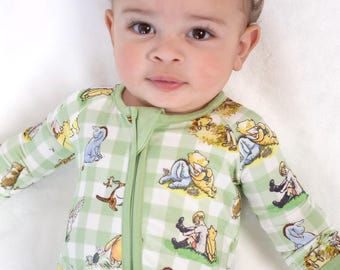 Vintage pooh-bamboe babypyjama | Pyjama romper met rits | Converteerbare footie | Genderneutrale babynachtkleding