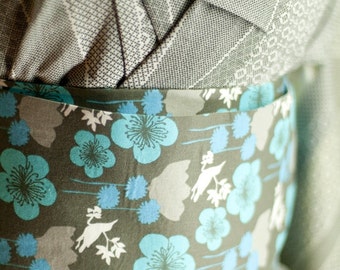 Blossom and Birds Hanhaba Obi | Charcoal Grey |  Extra Long | for Japanese Kimono