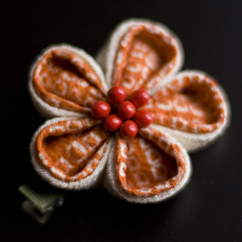 Ivory Upcycled Silk Tsunami Kanzashi Flower Hairclip Orange Shibori Summer Casual CLEARANCE Chirimen